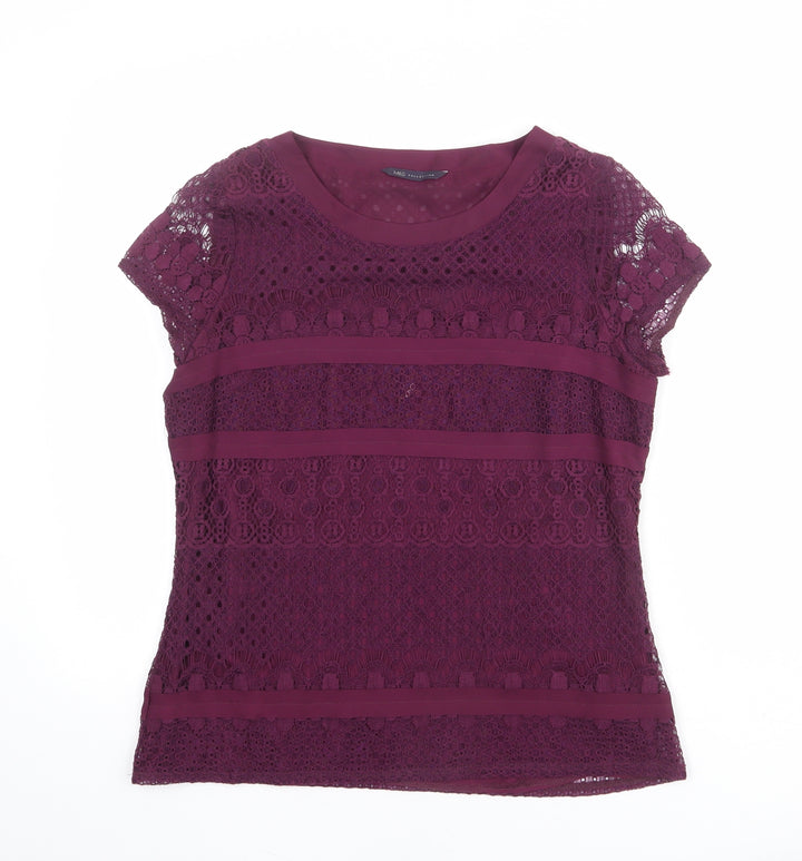 Marks and Spencer Womens Purple Geometric Cotton Basic T-Shirt Size 10 Round Neck