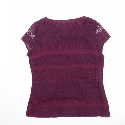 Marks and Spencer Womens Purple Geometric Cotton Basic T-Shirt Size 10 Round Neck