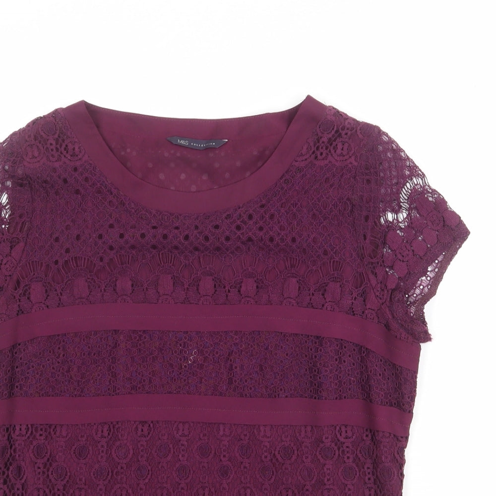 Marks and Spencer Womens Purple Geometric Cotton Basic T-Shirt Size 10 Round Neck