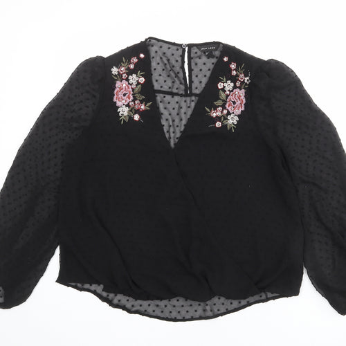 New Look Womens Black Polka Dot Polyester Basic Blouse Size 14 V-Neck - Flower Detail