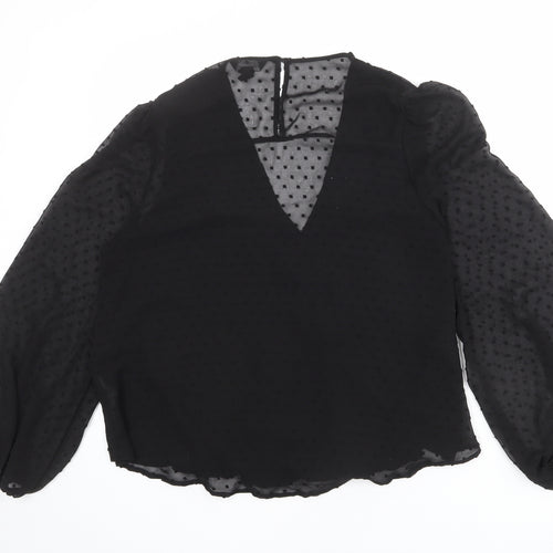 New Look Womens Black Polka Dot Polyester Basic Blouse Size 14 V-Neck - Flower Detail