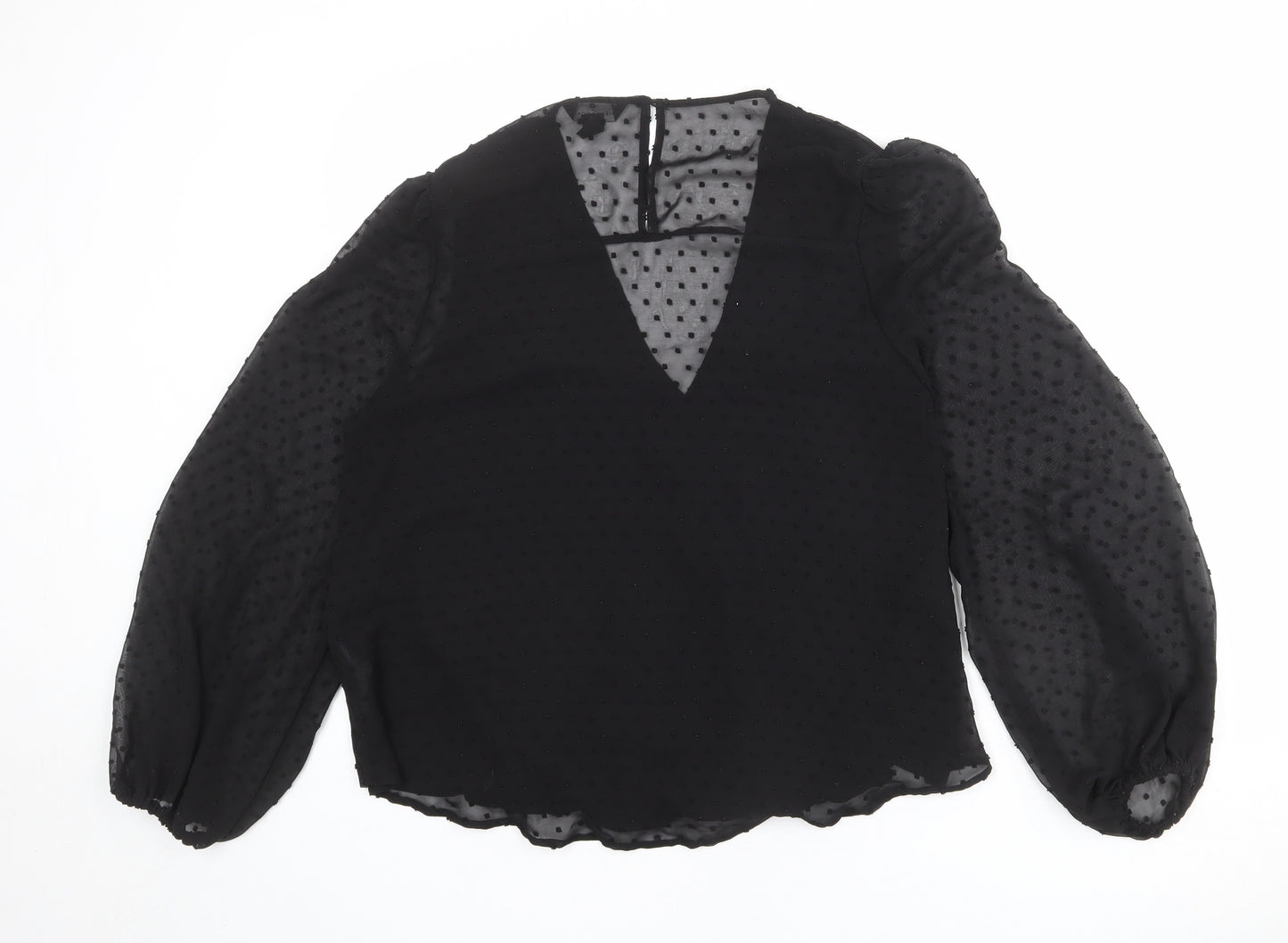 New Look Womens Black Polka Dot Polyester Basic Blouse Size 14 V-Neck - Flower Detail