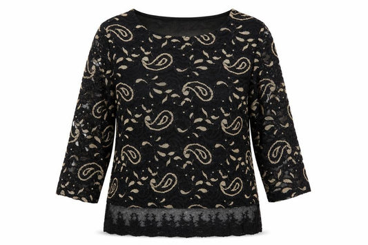 Front view of Annabelle women’s black geometric polyester basic blouse, size S, round neck -, size S-m