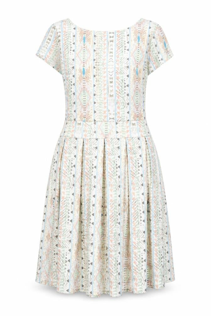Front view of LASCANA women’s multicoloured geometric polyester fit & flare, size UK 8, boat neck pullover