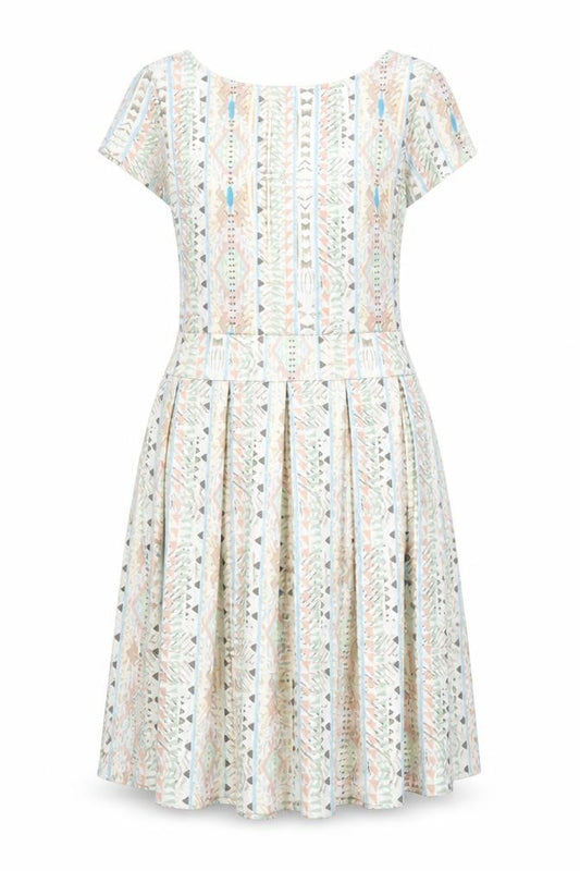 Front view of LASCANA women’s multicoloured geometric polyester fit & flare, size UK 8, boat neck pullover