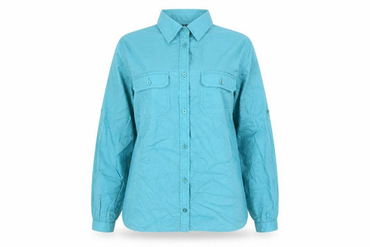 Front view of Gap women’s blue polyester basic button-up, size S, collared