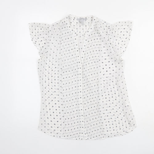 H&M Womens White Geometric Polyester Basic Button-Up Size 10 V-Neck