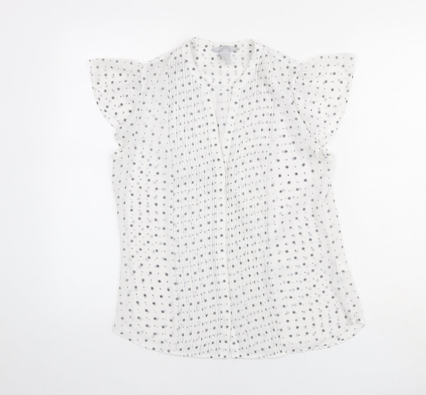 H&M Womens White Geometric Polyester Basic Button-Up Size 10 V-Neck