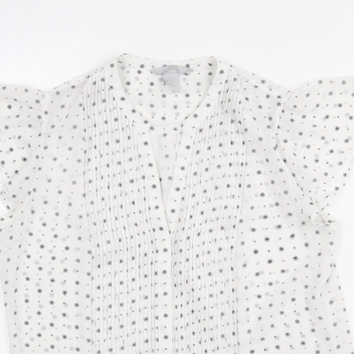 H&M Womens White Geometric Polyester Basic Button-Up Size 10 V-Neck