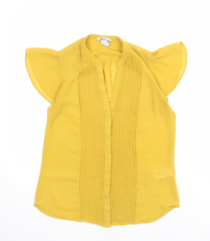 H&M Womens Yellow Polyester Basic Button-Up Size 8 V-Neck