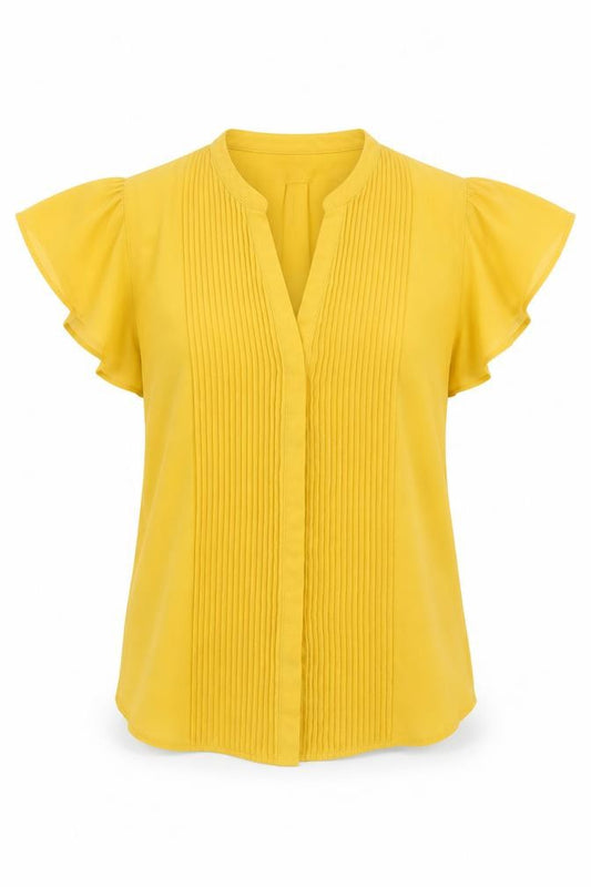 Front view of H&M women’s yellow polyester basic button-up, size UK 8, v-neck