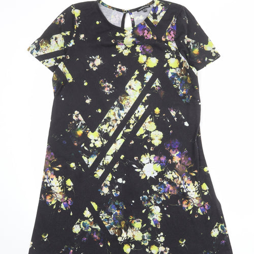 Warehouse Womens Black Floral Polyester Shift Size 10 Round Neck Button