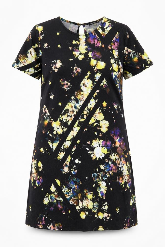 Front view of Warehouse women’s black floral polyester shift, size UK 10, round neck button