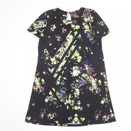 Warehouse Womens Black Floral Polyester Shift Size 10 Round Neck Button