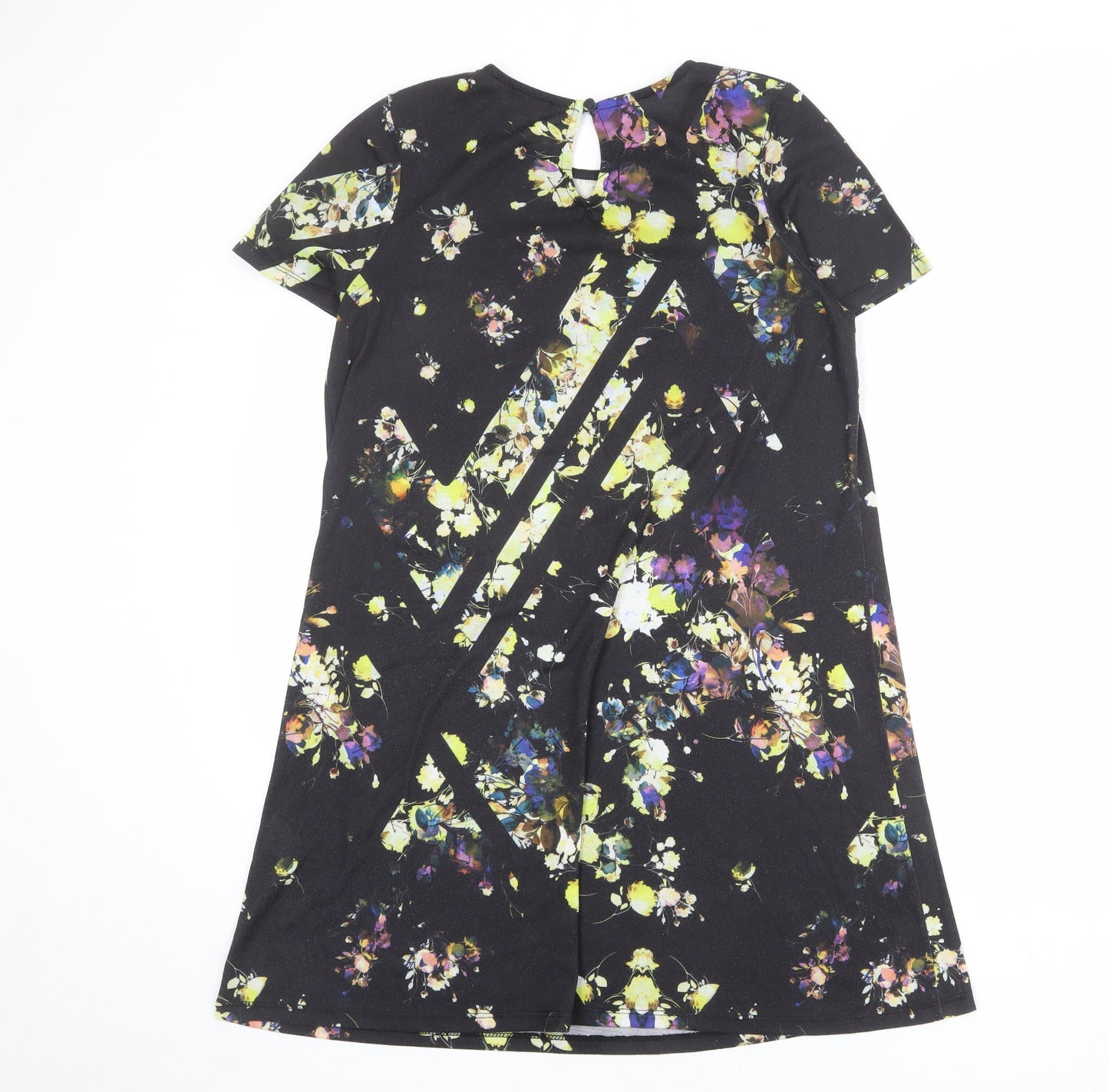 Warehouse Womens Black Floral Polyester Shift Size 10 Round Neck Button