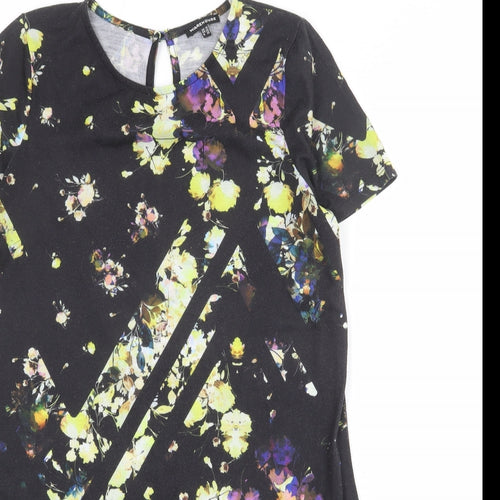 Warehouse Womens Black Floral Polyester Shift Size 10 Round Neck Button