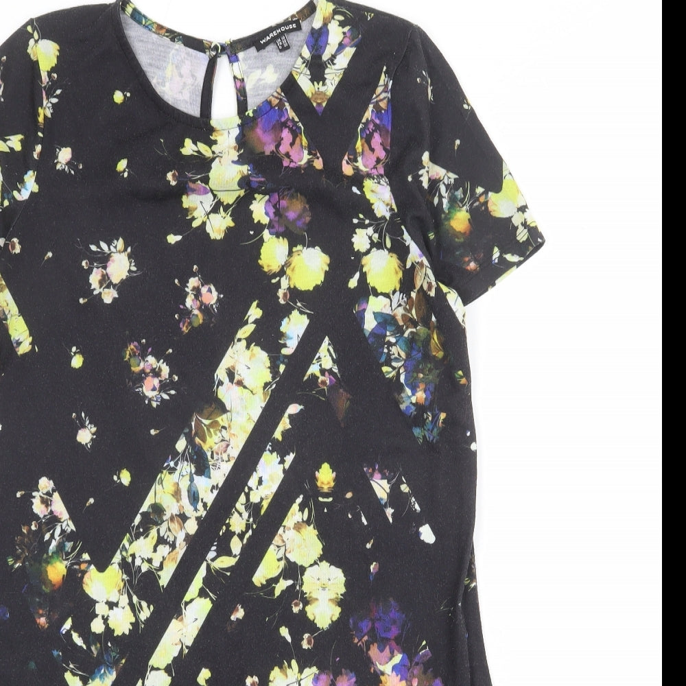 Warehouse Womens Black Floral Polyester Shift Size 10 Round Neck Button