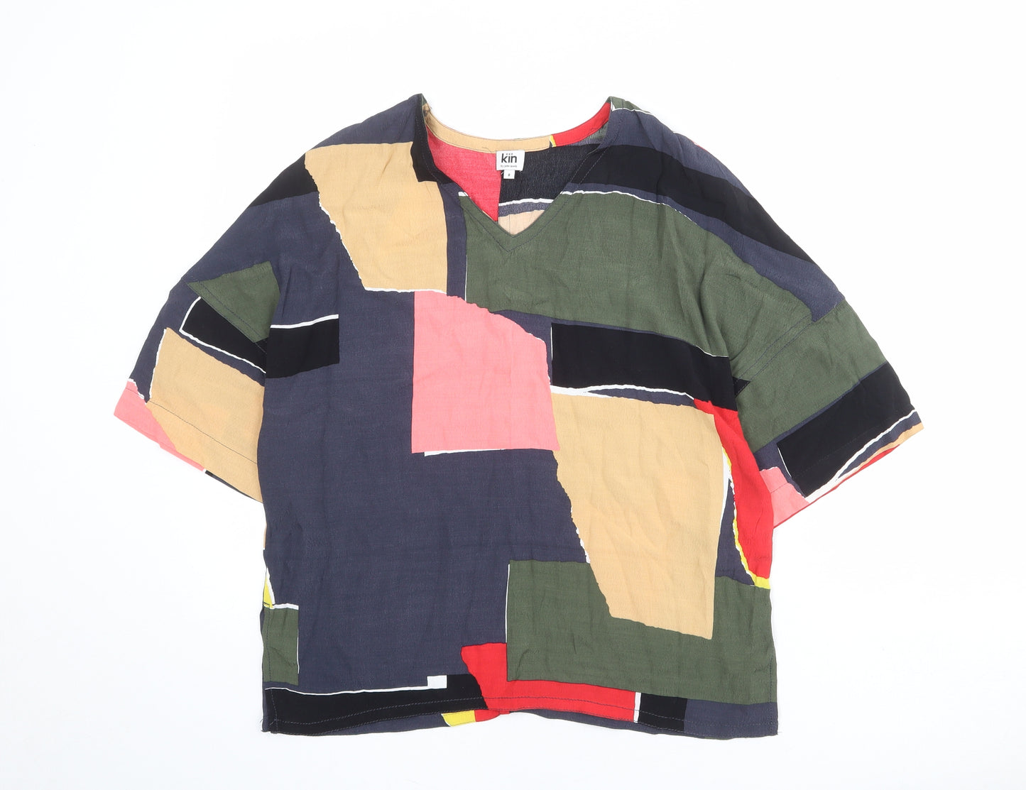 Kin Womens Multicoloured Geometric Viscose Basic T-Shirt Size 8 V-Neck