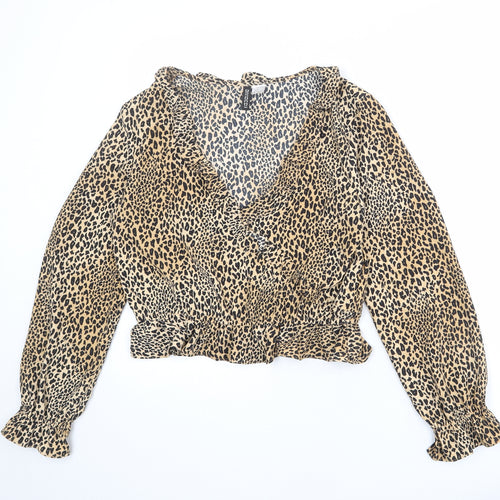 Divided by H&M Womens Beige Animal Print Polyester Basic Blouse Size M V-Neck - Leopard Print