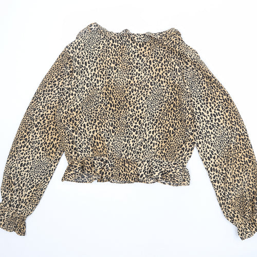 Divided by H&M Womens Beige Animal Print Polyester Basic Blouse Size M V-Neck - Leopard Print