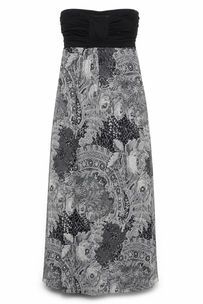 Front view of New Look women’s grey paisley polyester maxi, size UK 8, square neck pullover - strapless