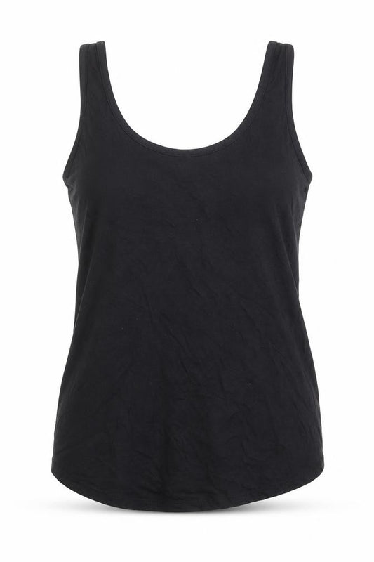 Front view of ASOS women’s black cotton basic tank, size UK 12, round neck