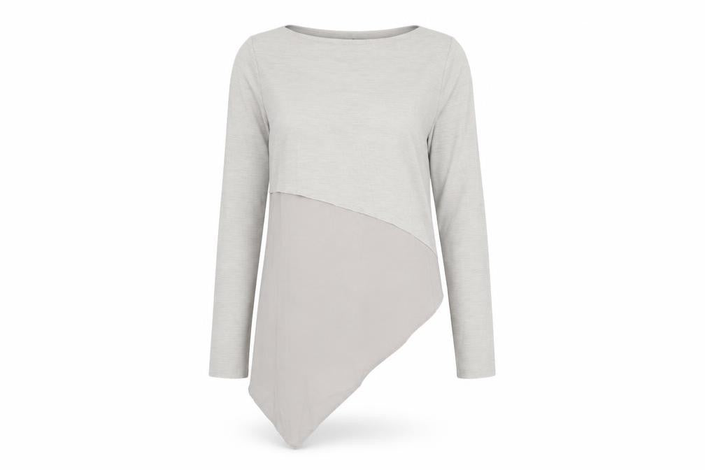 Front view of Zara women’s grey polyester basic t-shirt, size M, boat neck