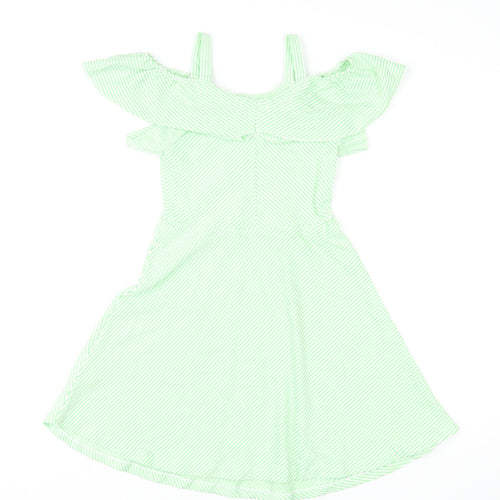Zara Womens Green Striped Cotton Fit & Flare Size 10 Off the Shoulder Pullover