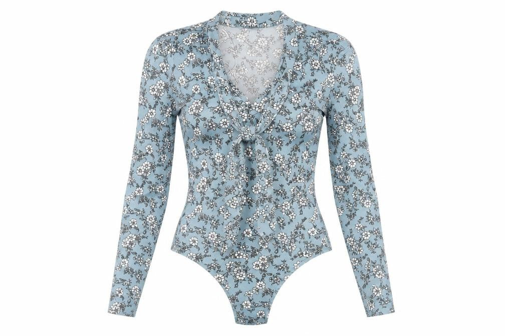 Front view of Blue Vanilla women’s blue floral polyester bodysuit one-piece, size UK 8, snap
