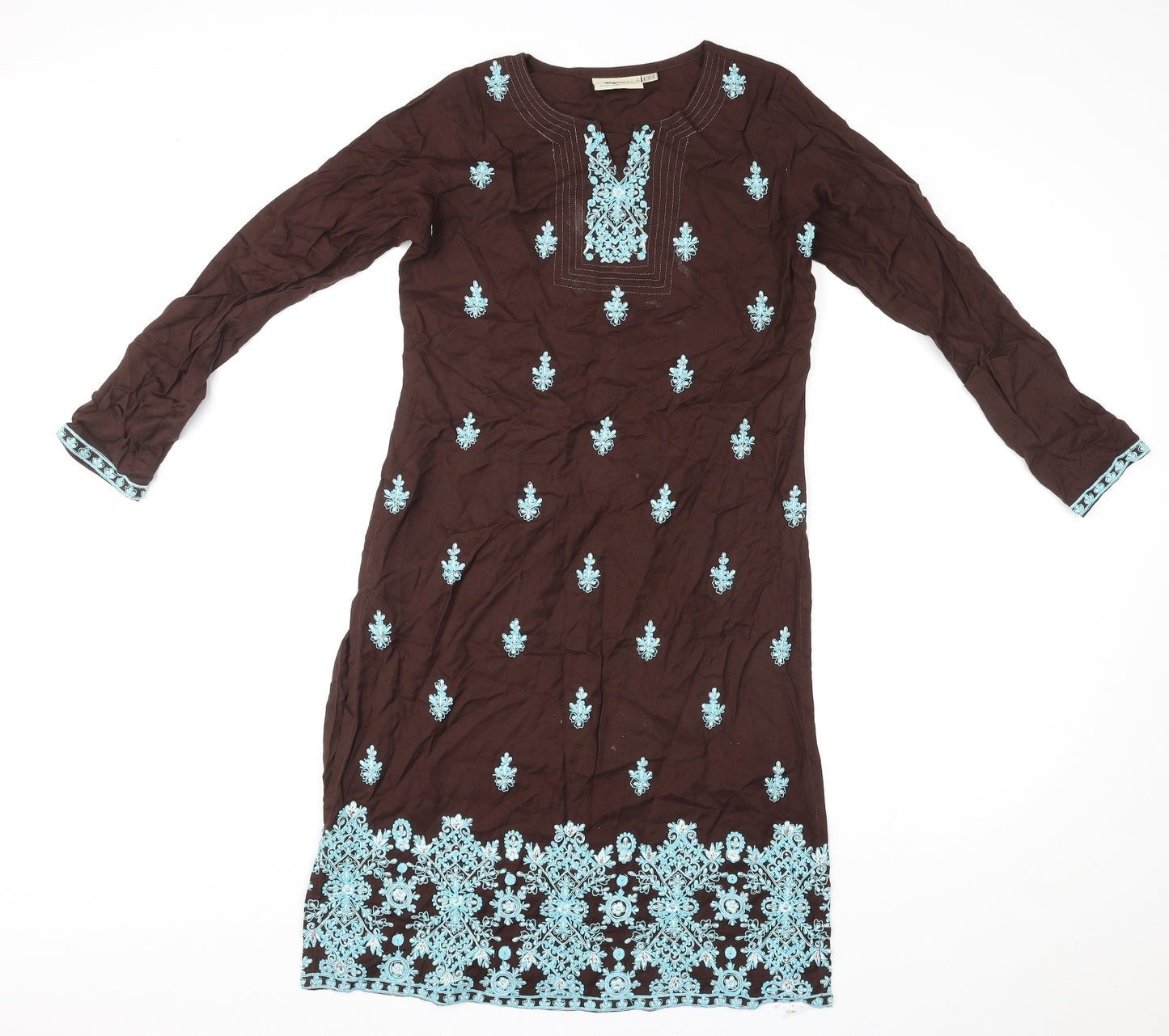 Rupali Womens Brown Geometric Rayon Kaftan Size S Round Neck Pullover
