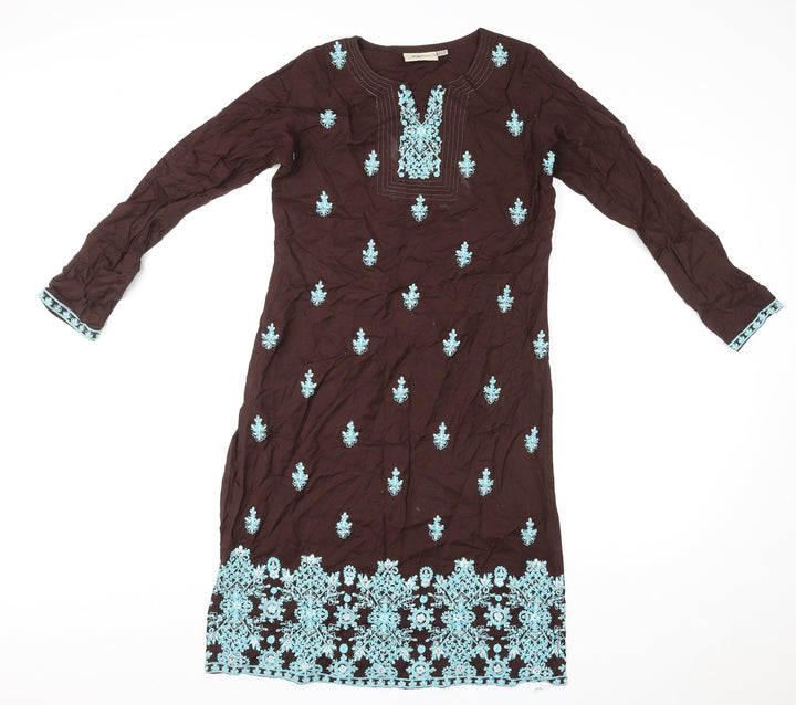Rupali Womens Brown Geometric Rayon Kaftan Size S Round Neck Pullover