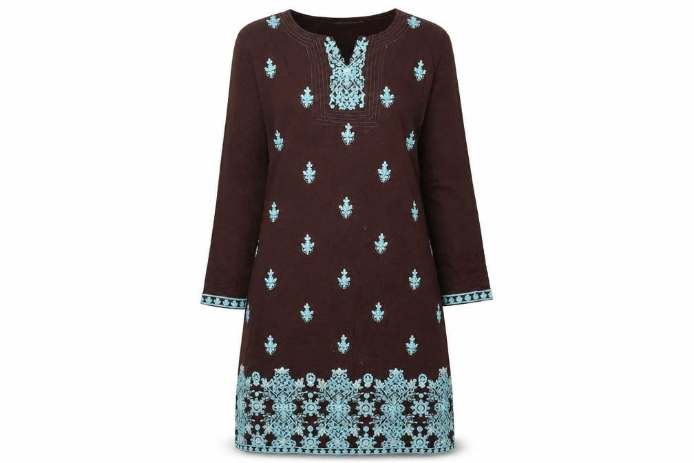 Front view of Rupali women’s brown geometric rayon kaftan, size S, round neck pullover