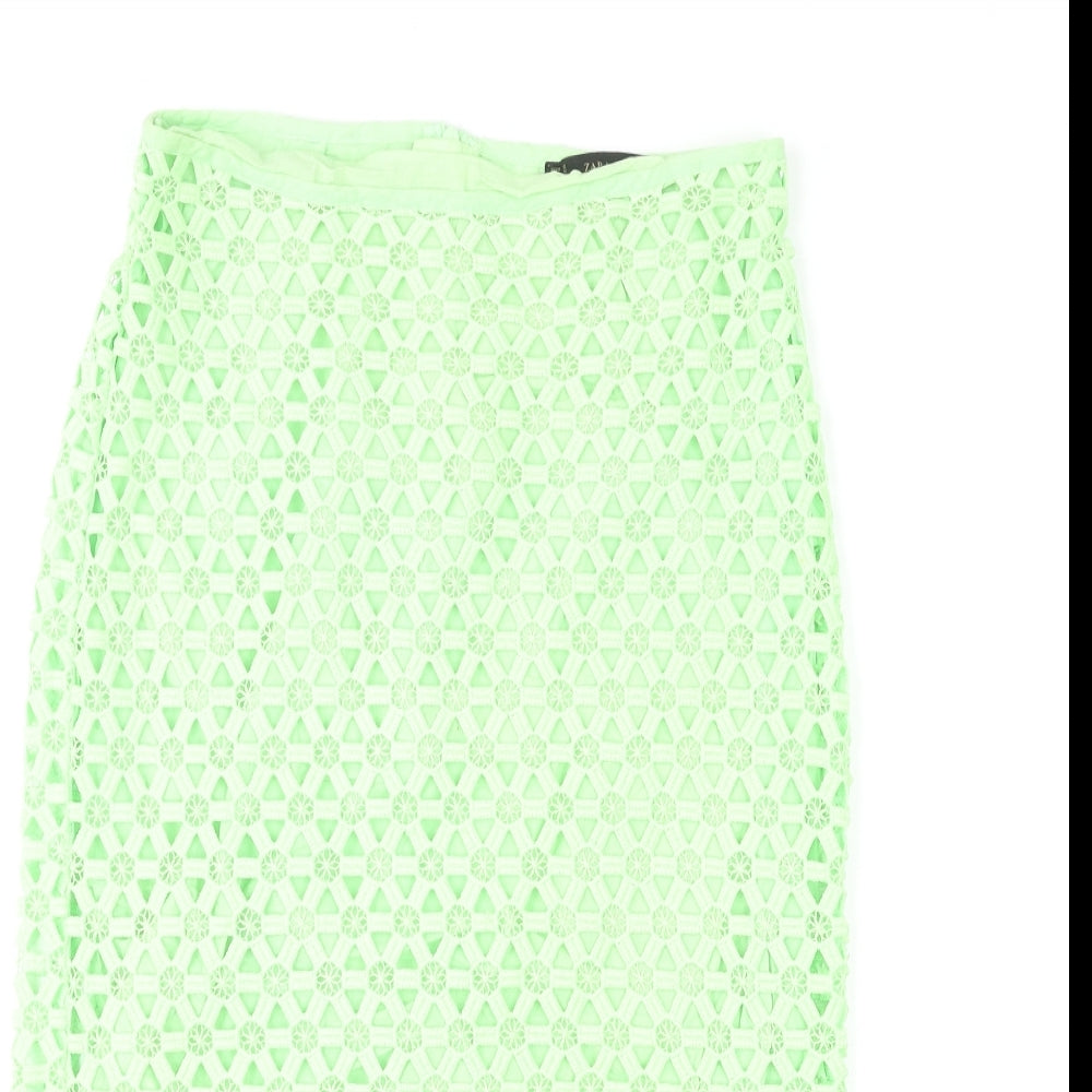 Zara Womens Green Geometric Cotton A-Line Skirt Size S Zip