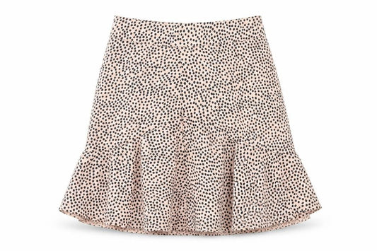 Front view of Boohoo women’s pink polka dot polyester skater skirt, size UK 8, zip