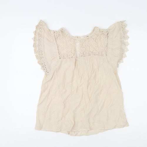 E&M Womens Beige Polyester Basic Blouse Size S Round Neck