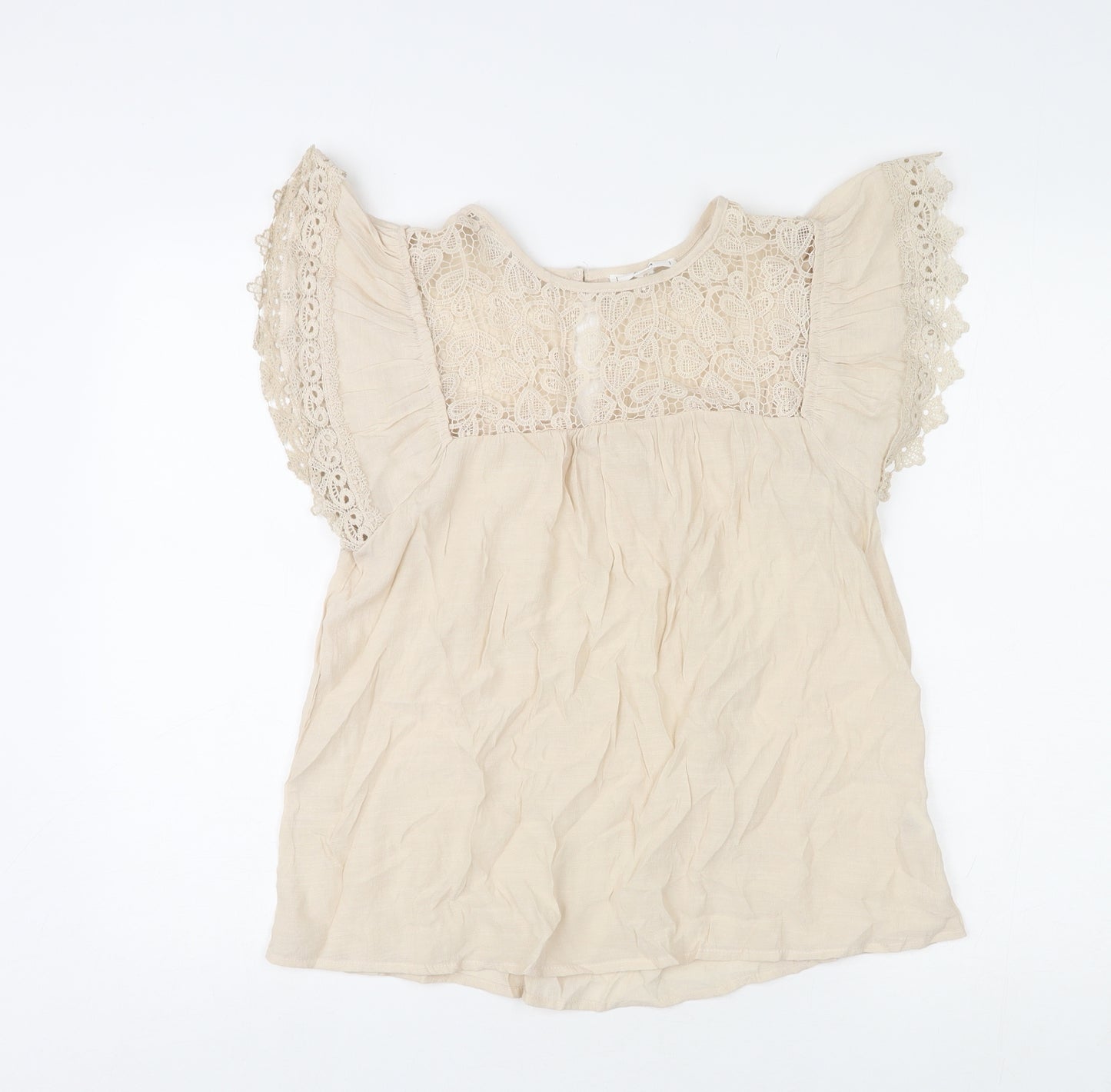 E&M Womens Beige Polyester Basic Blouse Size S Round Neck