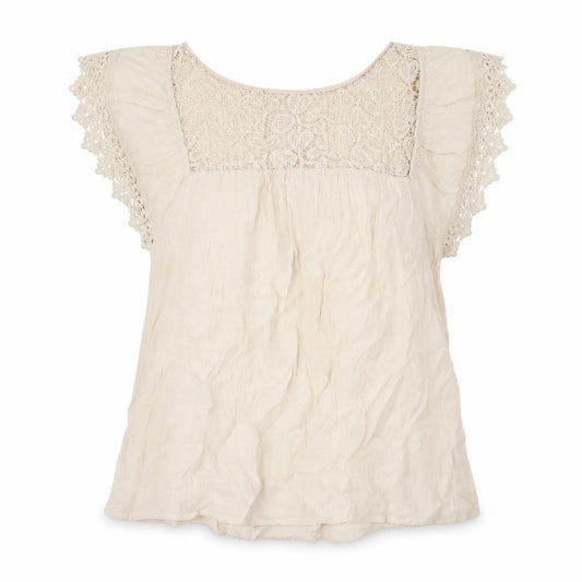 Front view of E&M women’s beige polyester basic blouse, size S, round neck