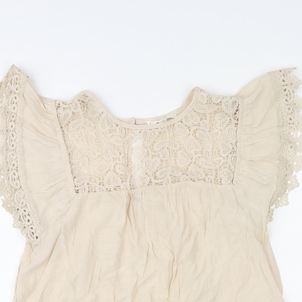 E&M Womens Beige Polyester Basic Blouse Size S Round Neck