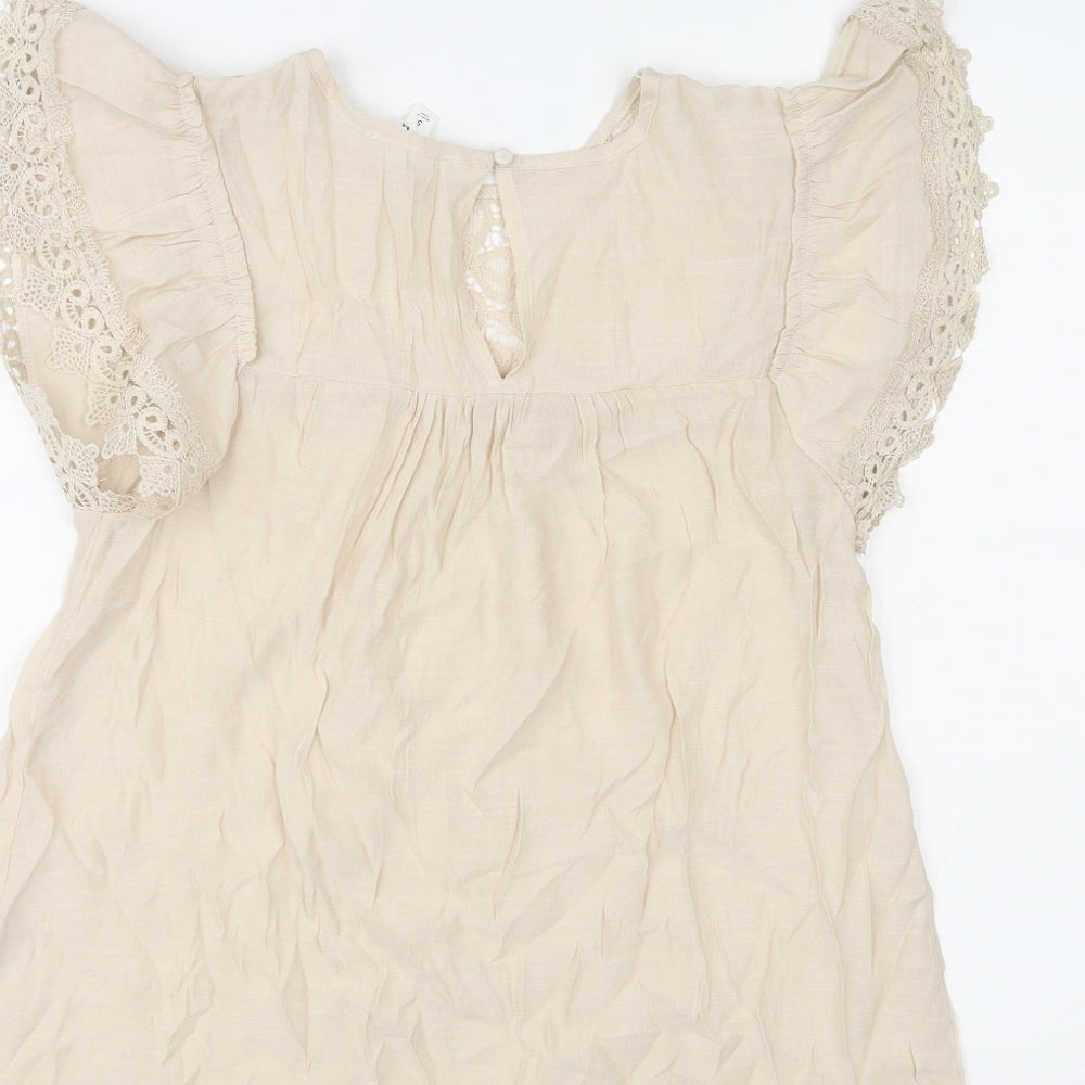 E&M Womens Beige Polyester Basic Blouse Size S Round Neck