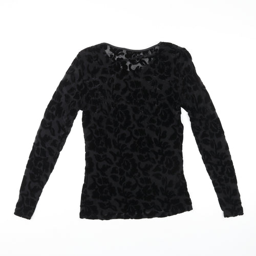 St Michael Womens Black Floral Viscose Basic T-Shirt Size 8 Round Neck