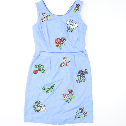 Boden Womens Blue Geometric Cotton Shift Size 10 Boat Neck Zip