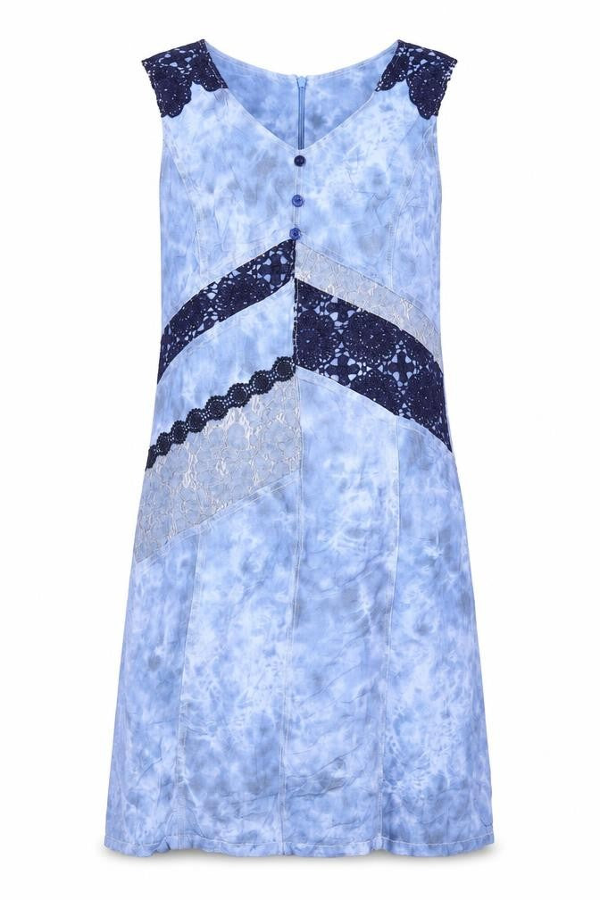 Front view of Pause Cafe women’s blue tie dye viscose shift, size UK 10, v-neck zip