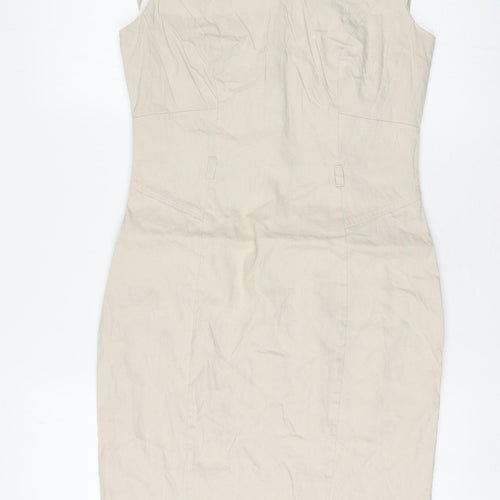 Marks and Spencer Womens Beige Linen Pencil Dress Size 8 V-Neck Zip