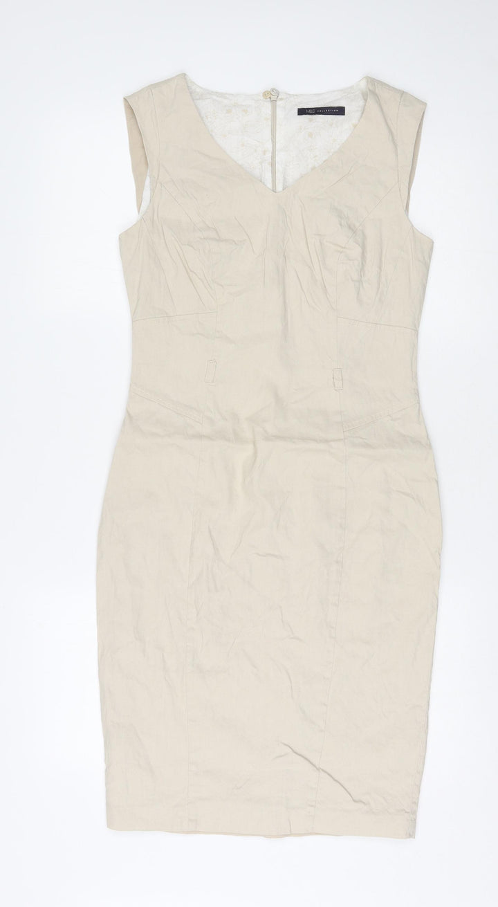 Marks and Spencer Womens Beige Linen Pencil Dress Size 8 V-Neck Zip