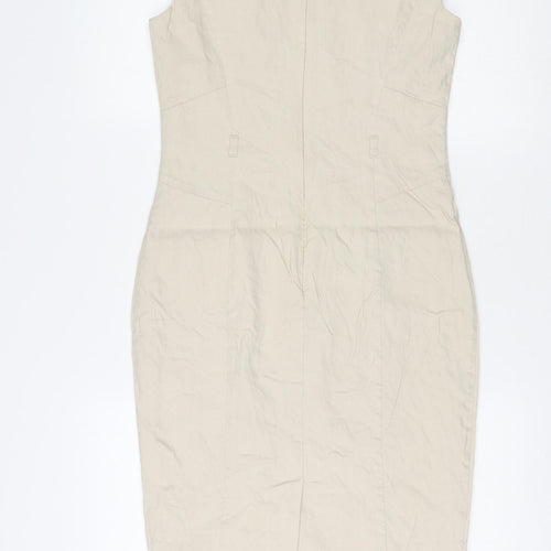 Marks and Spencer Womens Beige Linen Pencil Dress Size 8 V-Neck Zip