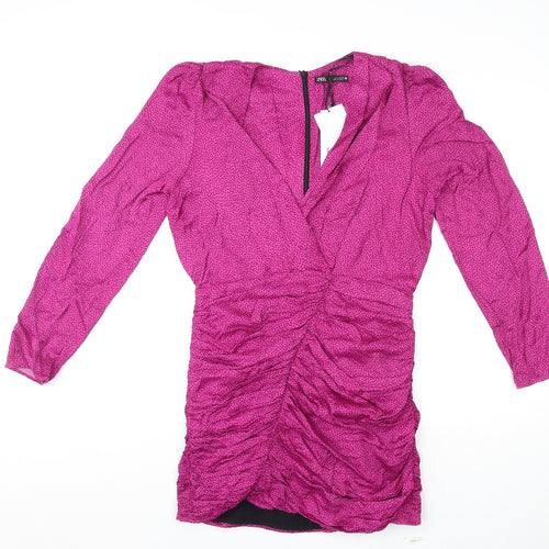 Zara Womens Purple Polka Dot Viscose Mini Size M V-Neck Zip