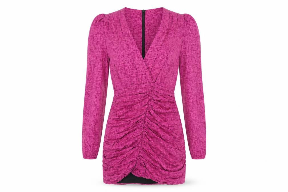 Front view of Zara women’s purple polka dot viscose mini, size M, v-neck zip
