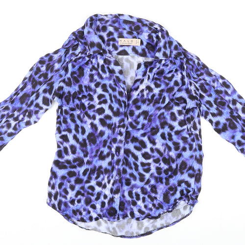 Halo Womens Purple Animal Print Viscose Basic Button-Up Size 8 Collared - Leopard Print
