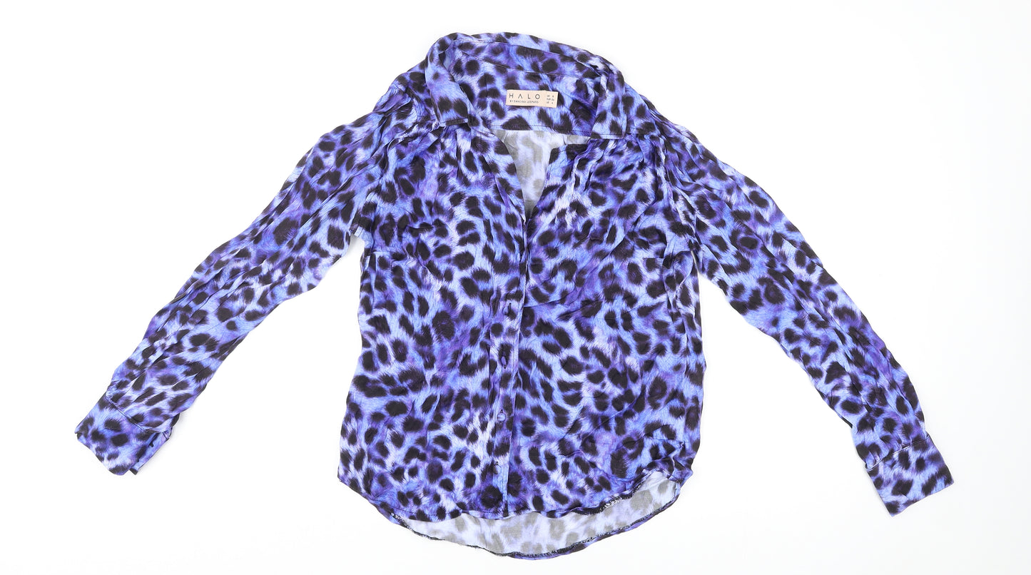 Halo Womens Purple Animal Print Viscose Basic Button-Up Size 8 Collared - Leopard Print