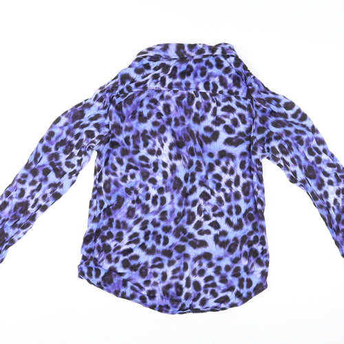 Halo Womens Purple Animal Print Viscose Basic Button-Up Size 8 Collared - Leopard Print